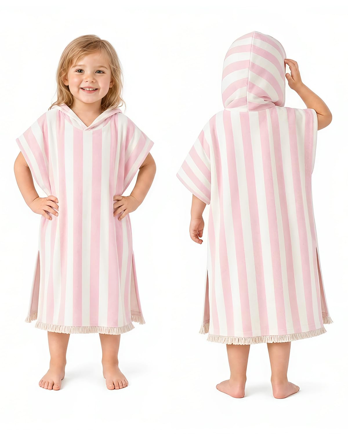 FishingDino Baby Toddler Hooded Beach Towel Poncho 0-6 Years, Fast Dry Striped Kids Swimming Towel with Tassels, Pool Towelling Swim Cover Up for Boys & Girls, Pink 0-3 Years