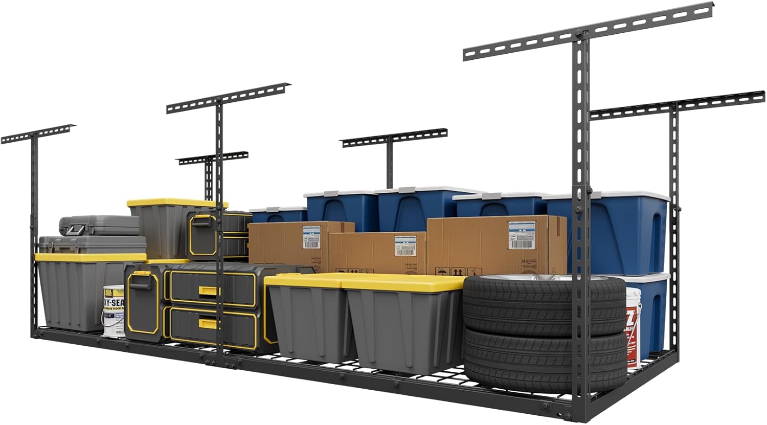 3X8FT Overhead Garage Storage Rack, 22"-48" Height Adjustable Garage Ceiling Storage Racks, Heavy Duty Metal Overhead Storage Organizer System, 750LBS Weight Capacity 3x8 ft