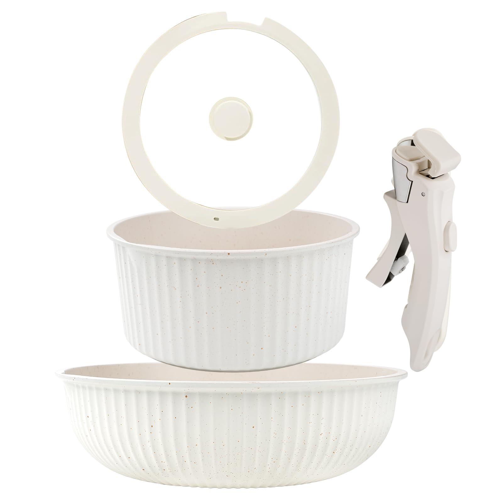 Juego de sartenes mango extraíble, 3 pcs sartenes cerámica sin tóxicos, revestimiento de piedra de trigo, aptos para inducción y horno, diseño apilable (blanco)