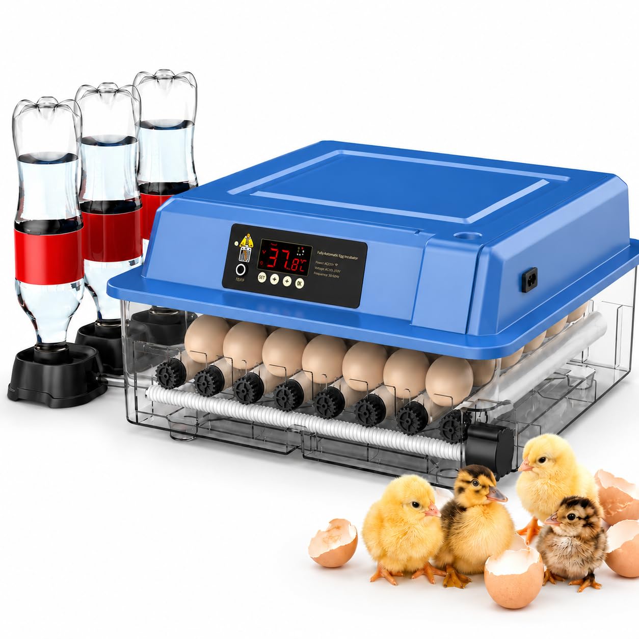 Incubadora de 36 huevos totalmente automática, incubadora con giro automático y adición de agua, incubadora para pollos, patos y codornices, incubadora de superficies con control de