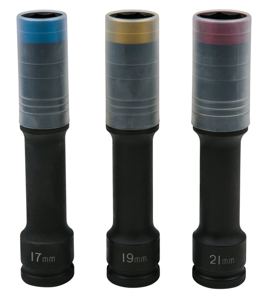 KS Tools 515.0622 Serie di bussole per avvitatori ad impulsi per cerchi in lega, Slim POWER, extra lunghe, 3 pz, 1/2", 17, 19, 21mm