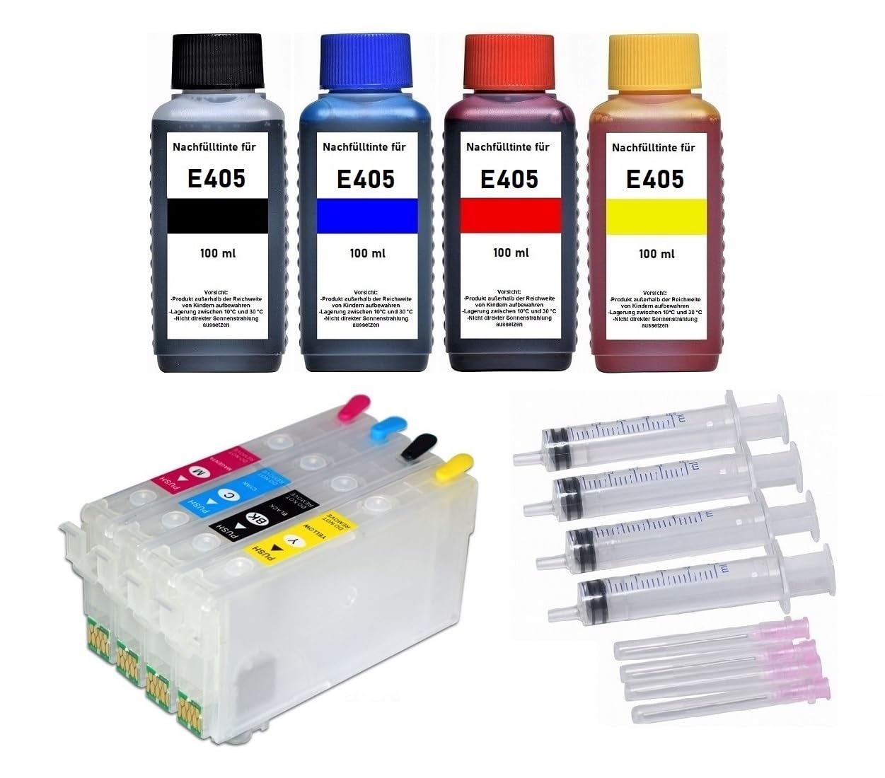 Cartuchos de tinta recargables con chips de reinicio automático 405 XL + 4 x 100 ml de tinta compatible con Epson Workforce WF-7310, 7830, 7835, 7840, Pro WF-3820, 3825, 4820, 4825, 4830