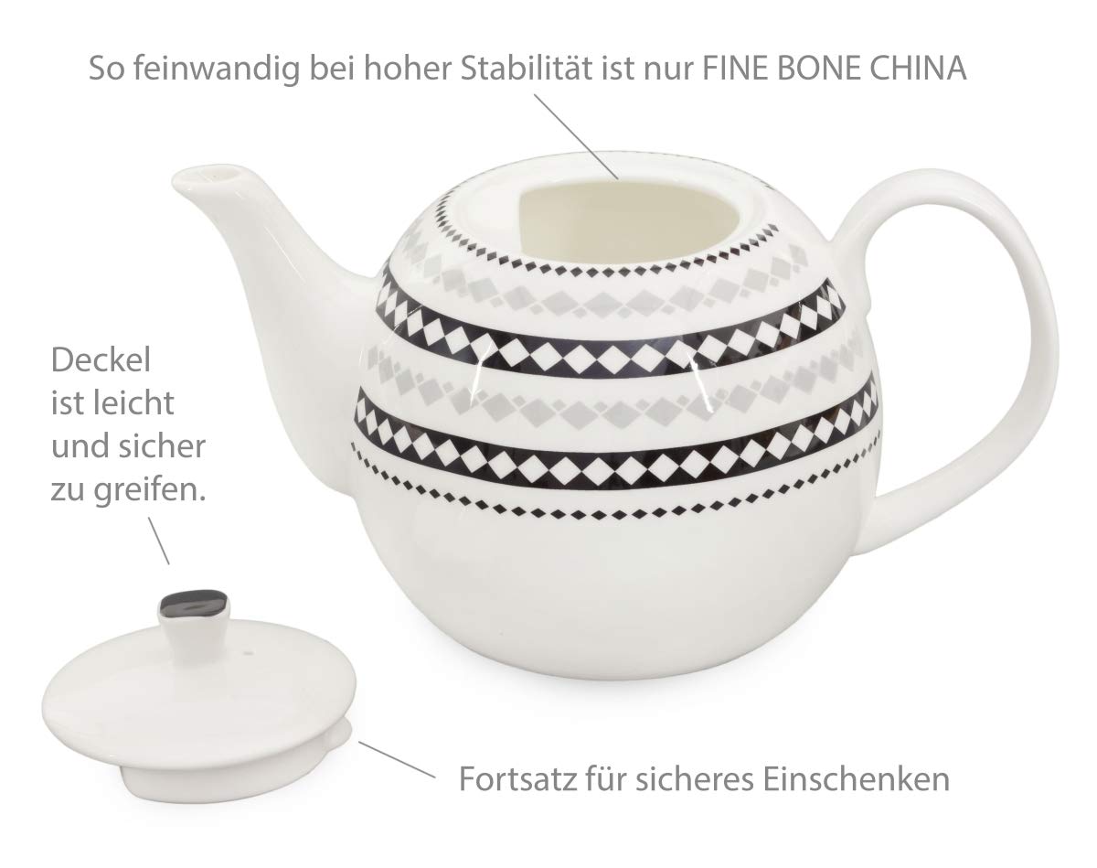 Kaffeeservice aus Fine Bone China Porzellan. Tee- / Kaffeekanne 1,5l mit stilvollem Rautendekor, 2 Kaffeetassen und 2 Unterteller.
