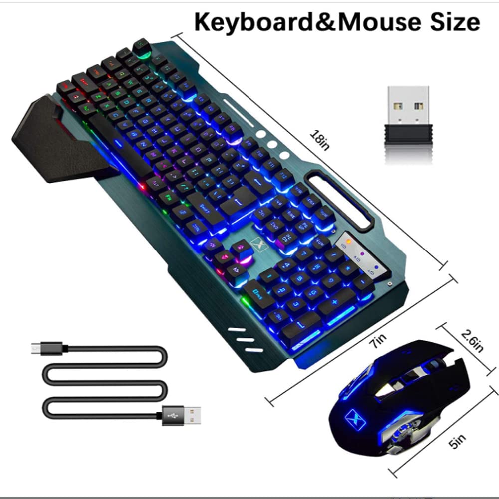 Teclado y ratón inalámbricos para juegos,ratón recargable con retroiluminación arco iris con panel de metal de batería de 3800 mAh, teclado mecánico extraíble y ratón de silencio para juegos