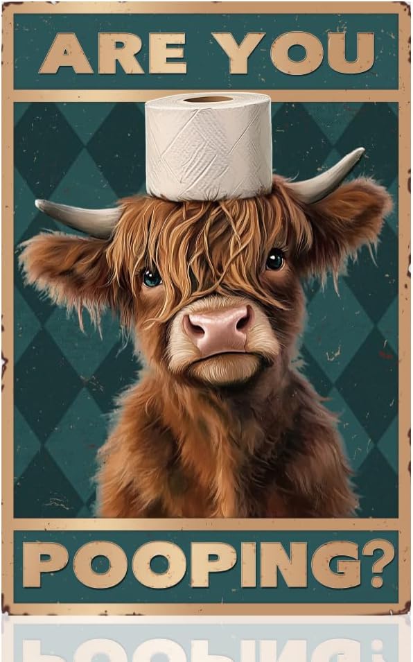 DOODLREAM Funny Highland Cow Are You Pooping Metal Tin Sign for Bathroom Toilet Wall Decor 8 x 12 Inch, Highland Cow Gift for Housewarming, Birthday