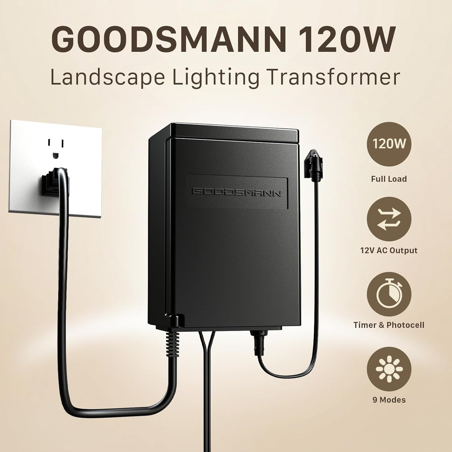 GOODSMANN 120W Low Voltage Transformer 12V AC Landscape Lighting Transformer with Photocell Sensor and Timer Low Voltage Outdoor Transformer for Path Lights Spotlights Garden and Yard Lighting