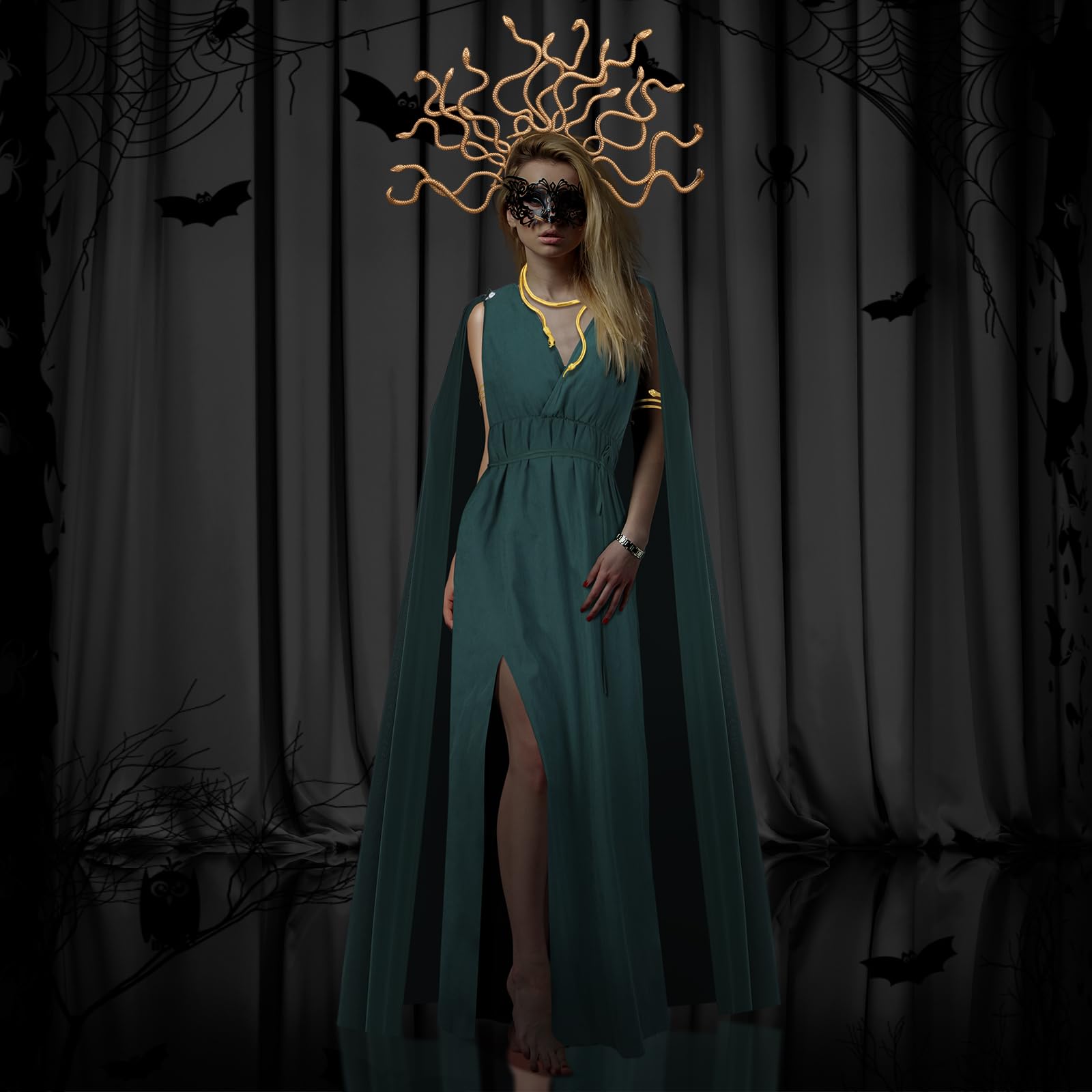 Bonuci Halloween Women Medusa Snake Costume Medusa Outfit Greek Queen Costume Necklace Headband for Halloween Cosplay (Green,Large)