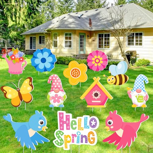 Amyhill 12 Pack Hello Spring Yard Decoration Outdoor Flower Garden Lawn Stake Signs with Stakes Waterproof Spring Garden Decor for Holiday Party Patio Lawn Walkway Outside(Fresh Style)