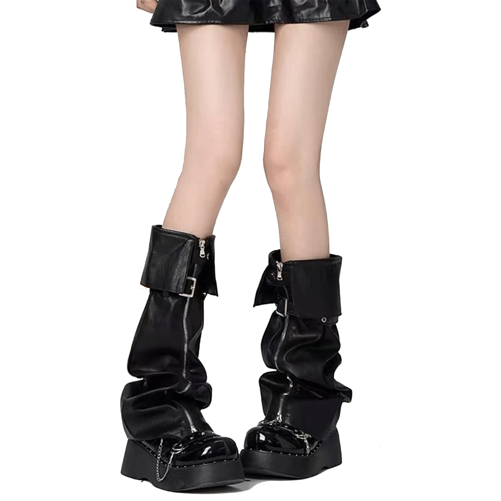 Leather Leg Warmers Slouchy Gothic Goth Knee High Socks Y2K Emo Grunge Front Buckle Zipper Boot Covers for