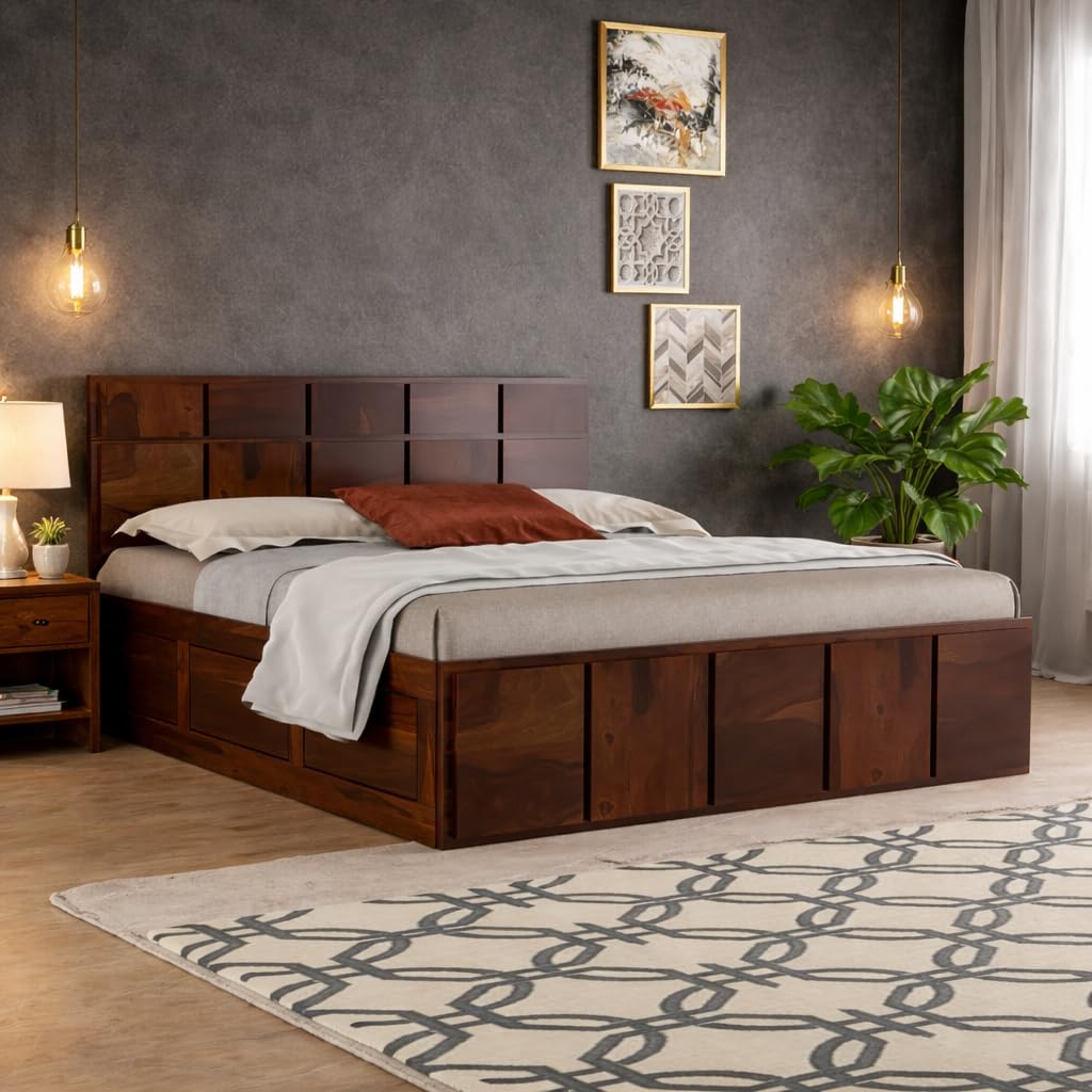 Solid Sheesham Wood King Size Bed with Storage | Modern Wooden Bed with Box Storage | Strong Durable Bed Frame with Designer Headboard | Ideal for Bedroom Home & Hotel (Walnut Finish)