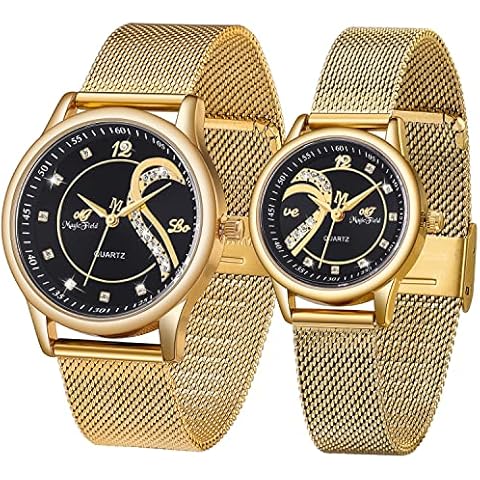 SIBOSUN Valentine's Couple Watches with Luxury Rose Gift Box His and Hers Watch Romantic Men and Women Wrist Watch Gifts for Lover Anniversary Set of 2 Heart Quartz Mesh Stainless Steel Gold Black Cover