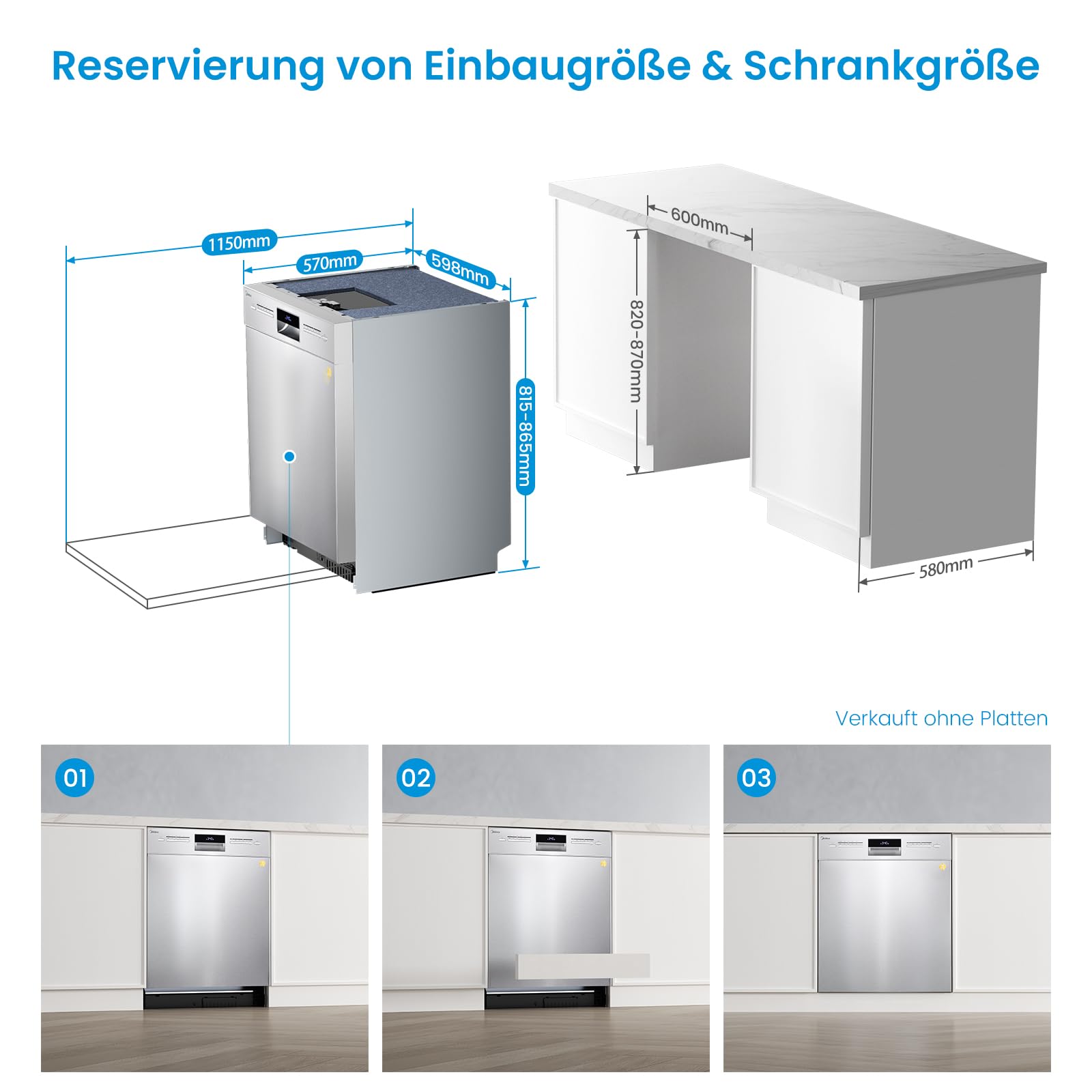 Midea Geschirrspüler 60cm Unterbau 14 Maßgedecke Teilintegrierbar mit WiFi Extra Trocknung 42dB Inox