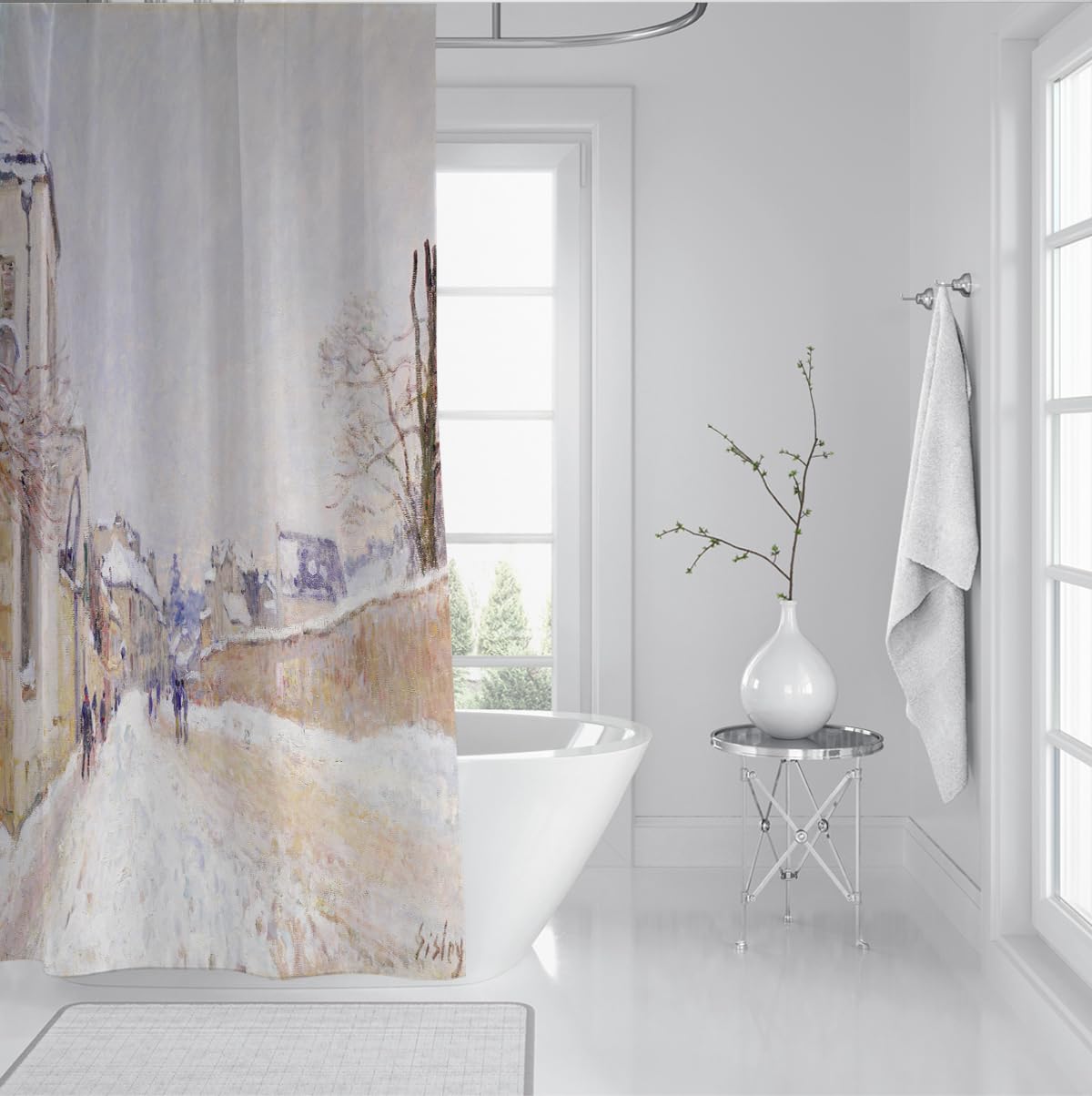 Set di Tende doccia Snow Town con ganci 240x180cm | Decorazione per tende da bagno in tessuto impermeabile lavabile per interni di cabine di fattoria