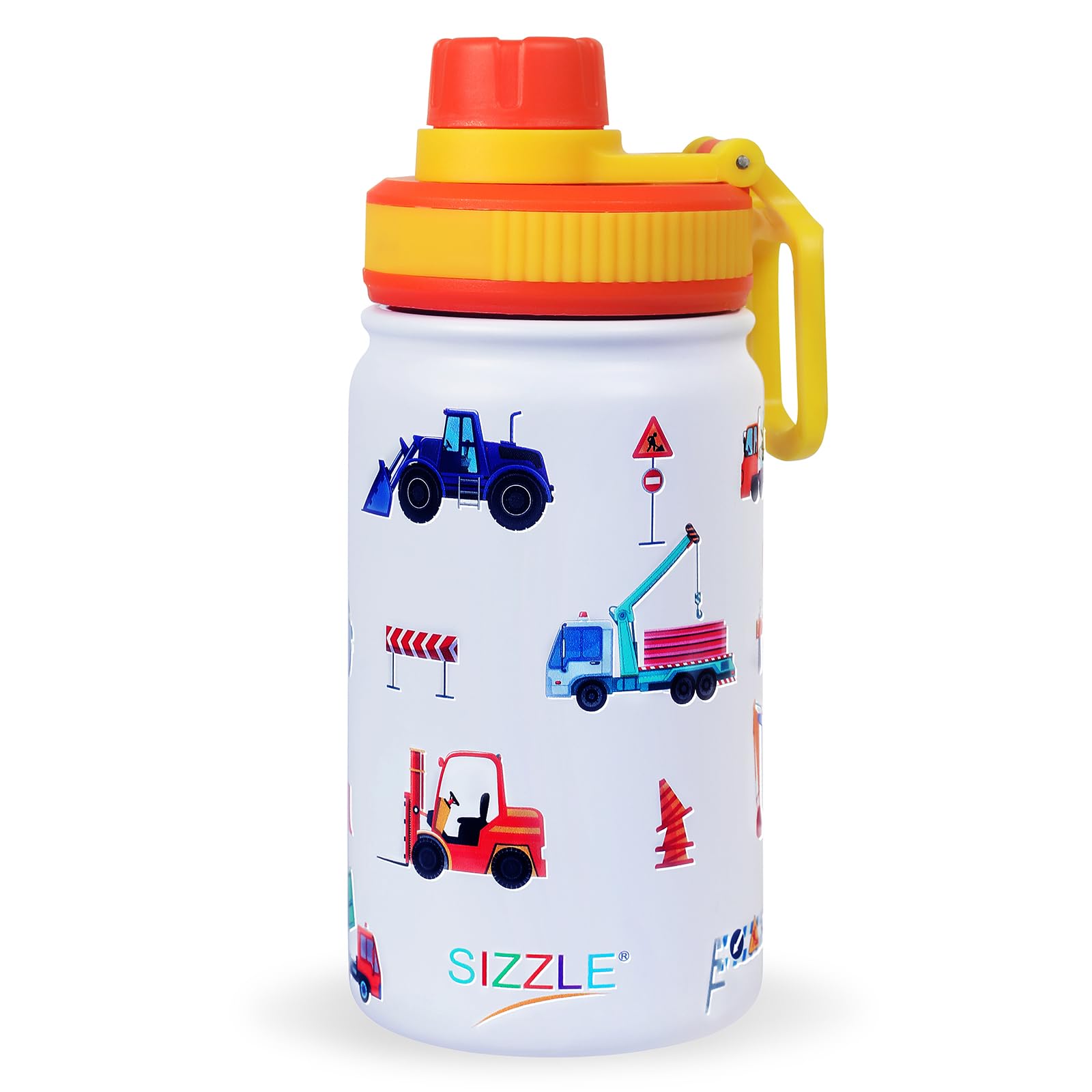 Sizzle Aqua Construction Stainless Steel 3D Water Bottle for KIDS 500 ML | Lightweight Leakproof Water Bottle | White Pack of 1 Pc