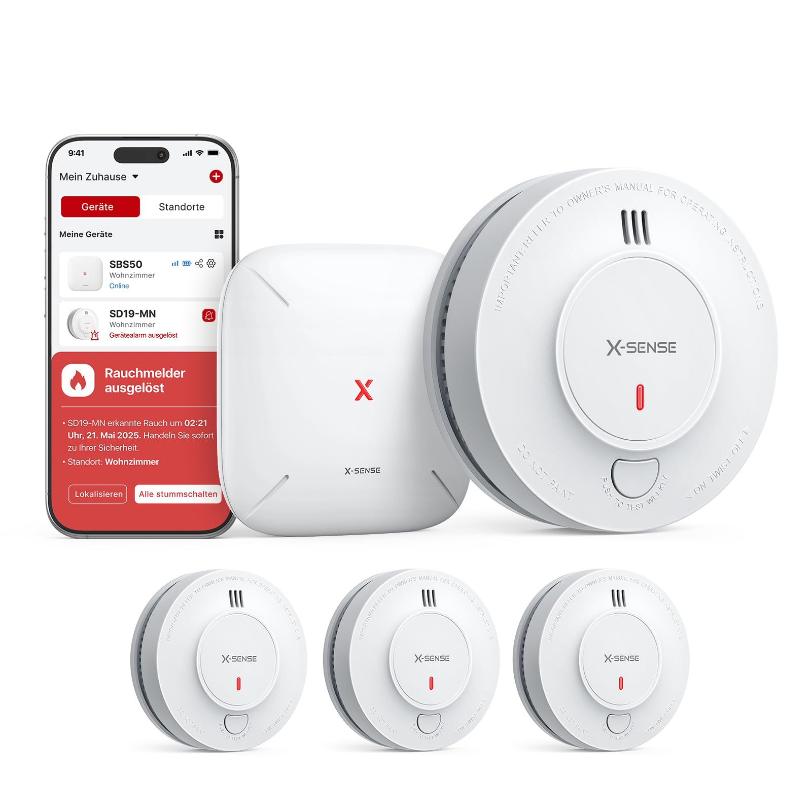 X-Sense Smart WLAN-Rauchmelder Feuermelder mit 10-Jahres-Batterie und SBS50 Basisstation, TÜV Rheinland Zertifiziert, photoelektrischer vernetzbarer Funk-Brandmelder, SD19-MN61, 6 Stück