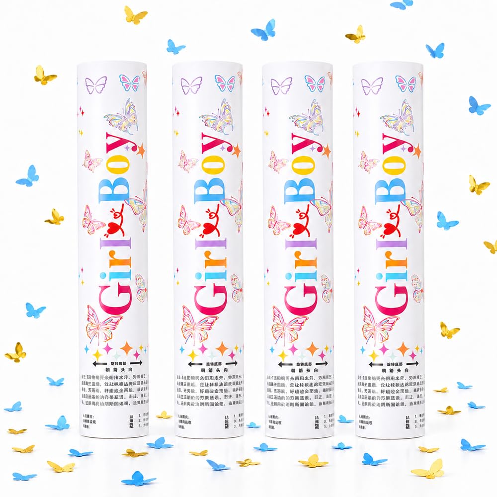 XPJBKC 4PCS Gender Reveal Confetti Cannon, Butterfly Gender Reveal Cannon - Blue