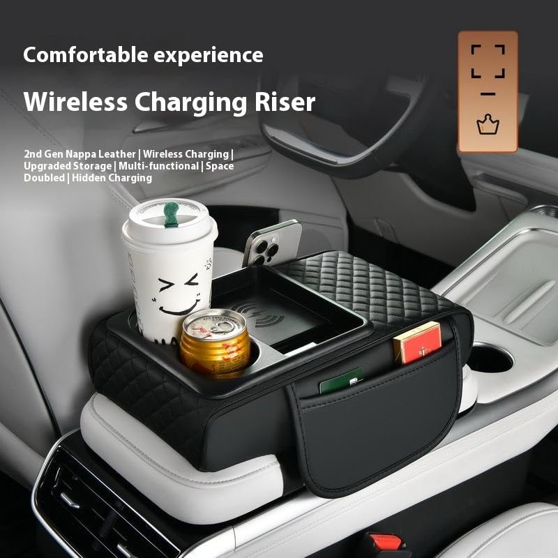 Image of NEEPRA Leather Car Armrest Cover Cushion with Dual Cup Holder & Wireless Charging Tray, Universal Center Console Arm Rest Organizer, PU Leather Hand Rest for Cars, SUVs & Trucks, Black & Red | Wireless Charging Tray