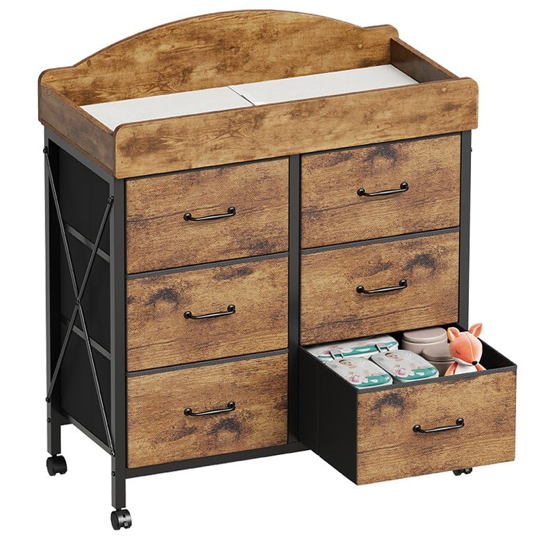 Yetom Baby Changing Table Dresser with Wheels, 6-Fabric Drawer Baby Dresser with Changing Table Top,...