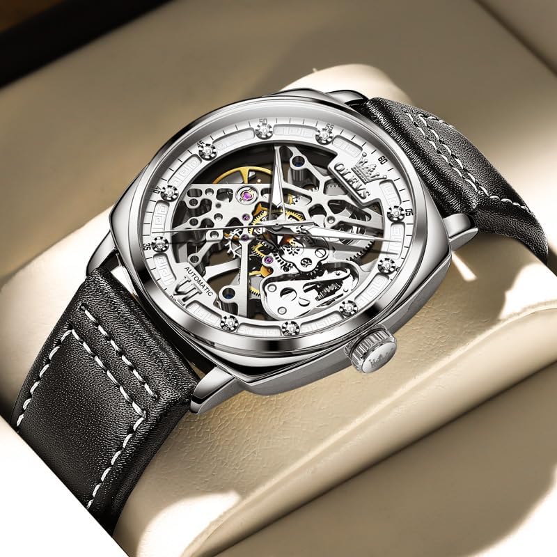Image of OUPINKE Mens Watches Automatic Skeleton Mechanical Watches for Men Self Winding Luxury Fashion Leather Strap Steampunk Style Luminous Waterproof Men Wrist Watches