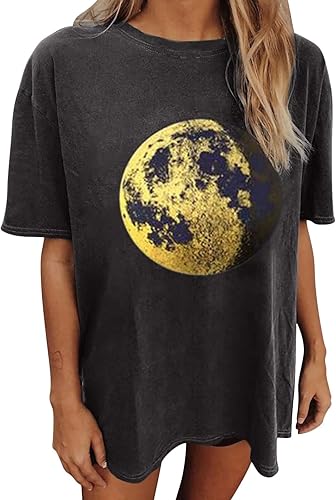 Vintage Oversized T Shirts for Women Summer Short Sleeve Tees Baggy Sun and Moon Graphic Tops Cute Crewneck Blouses