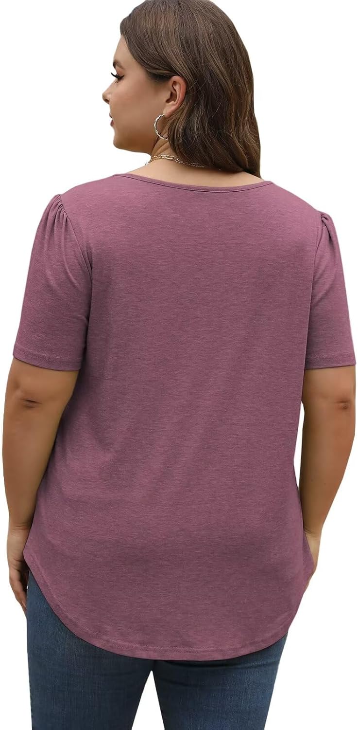 DOLNINE Plus Size Tops for Women Summer Puff Short Sleeve Shirts Casual Pleated Crewneck Tees - Image 2