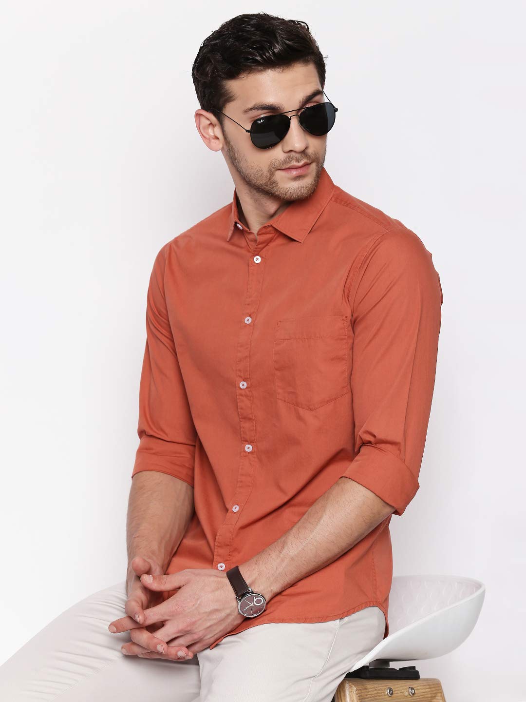 Dennis Lingo Men's Solid Dusty Orange Casual Shirt (C301_Dusty Orange_XL) 2