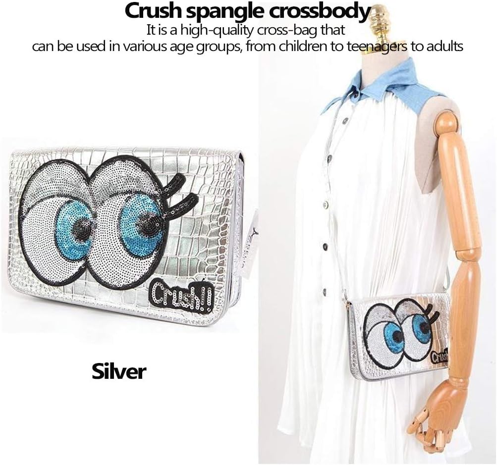 Crush Spangle Bag Cutie Eye Trendy Kids Mini Handbags Crossbody Cell Phone Purse Wallet Travel Passport Bag Handbags for Little Girls Toddlers(Silver)