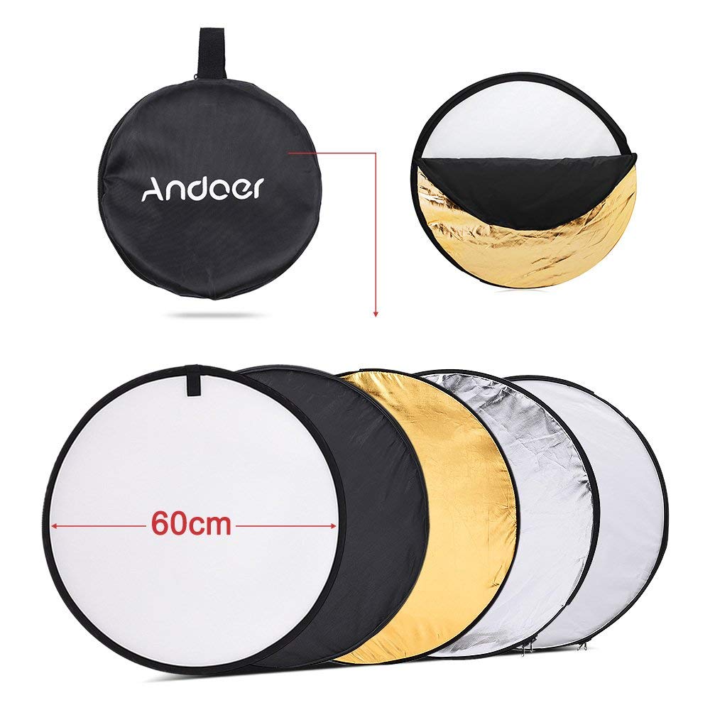 Andoer Disco Riflettente Fotografia Pannello Foto Pieghevole 24" 60Cm 5 In 1 (Oro Argento Bianco Nero Trasparente) Multi Portatile Pieghevole Fotografia Studio Foto Luce Riflettore Disco