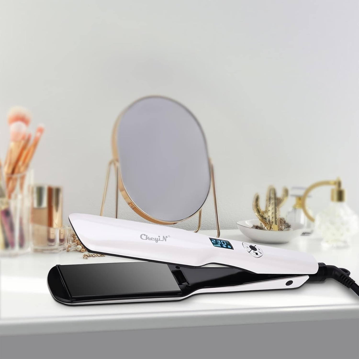 Plancha alisadora profesional con gran placa calefactora y pantalla LCD, herramienta de peinado PTC blanca