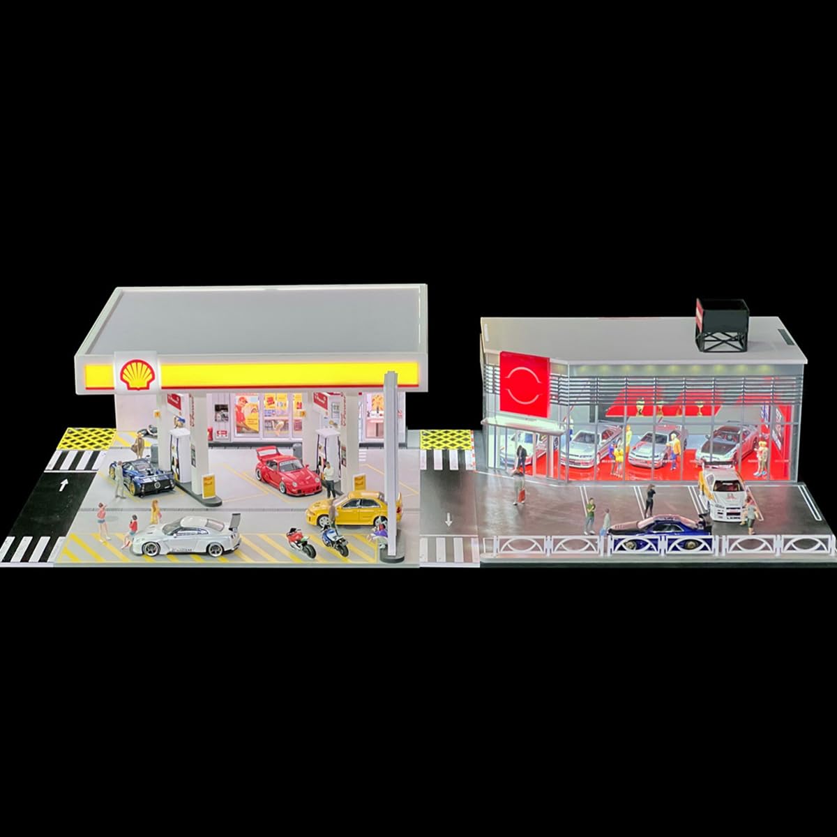 Shell Diorama stacja benzynowa w skali 1:64 – podświetlany LED model budynku z miniaturowymi akcesoriami, kompatybilna ze wszystkimi modelami samochodów w skali 1:64 (Collectible Display Scene)