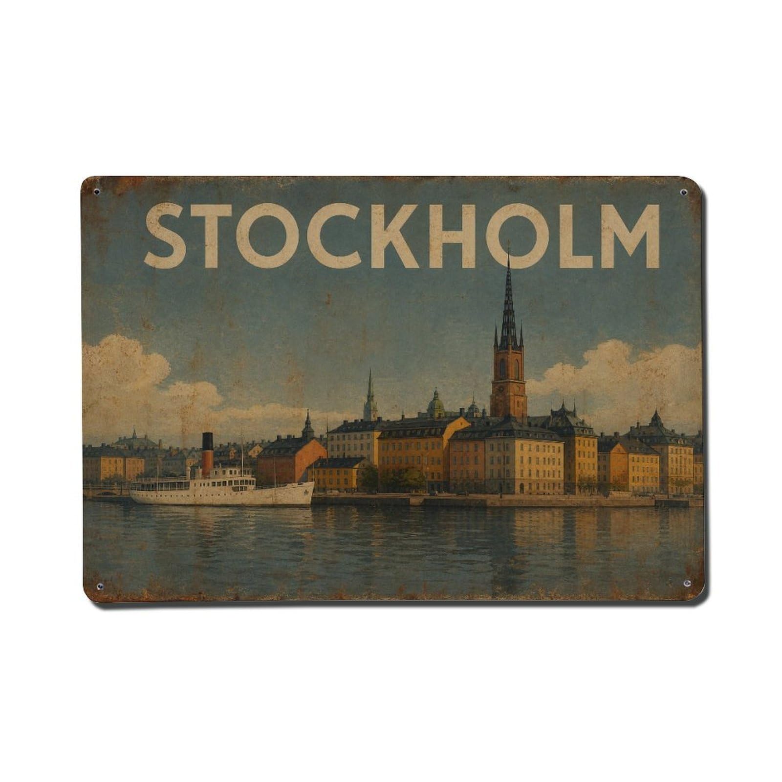 Huiyhb 8X12inch(20X30cm) Vintage Travel Stockholm Waterside Town Sweden Metal Tin Sign