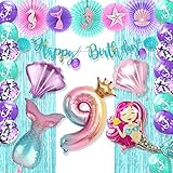 Mermaid Party Decorations 9th, Hombae Mermaid Birthday Decorations for Ninth Birthday, Mermaid Birthday Party Supplies, Number 9 Foil Balloon Mermaid Tail Shall Balloons, Mermaid Happy Birthday Banner Under The Sea Fringe Curtain Paper Fans With Cute Mermaid Cut Outs