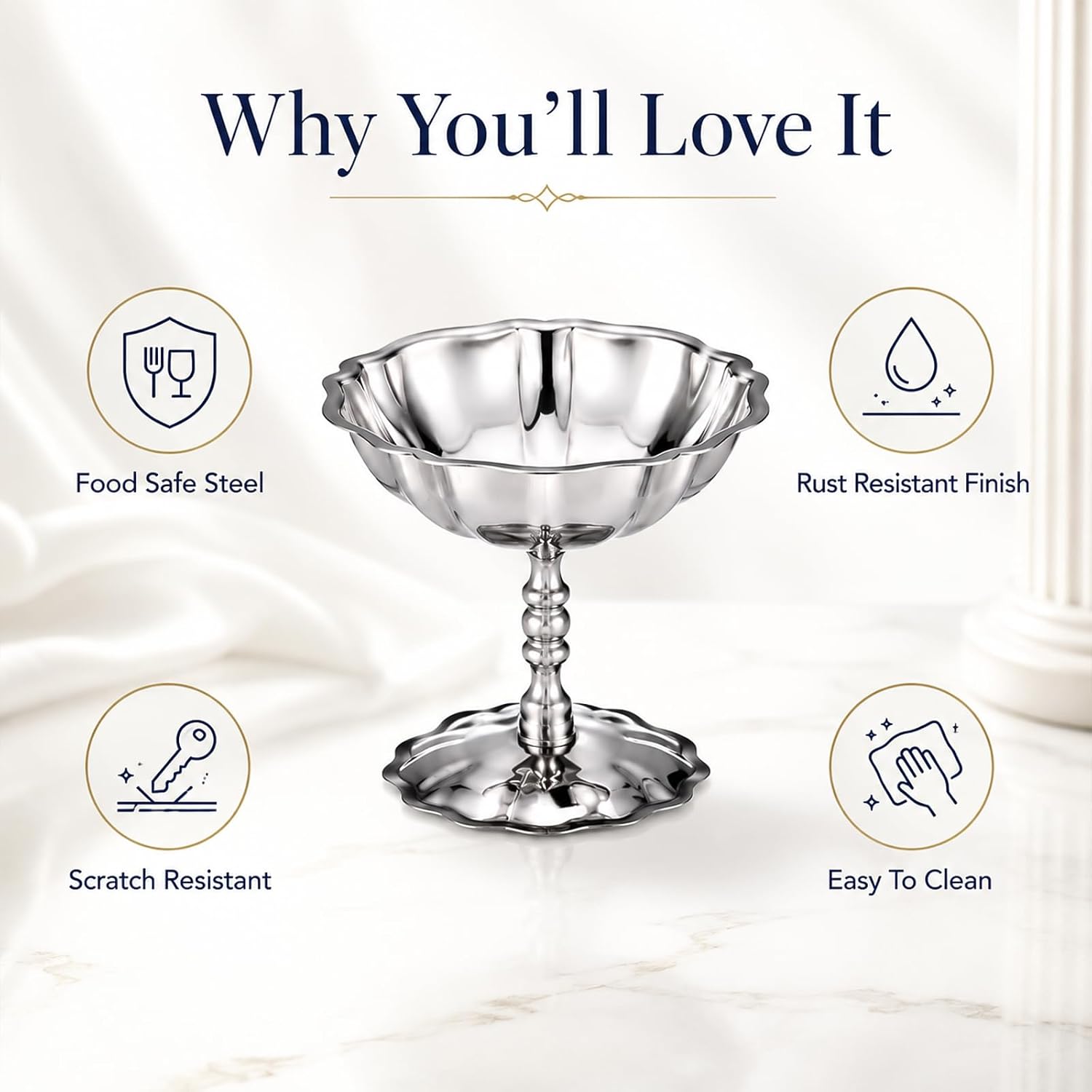 4 Pcs Ice Cream Cups Set with Spoons, Vintage Stainless Steel Dessert Bowls, 4.1 x 3.5 in Footed Sundae Cups, Elegant Metal Serving Dish for Pudding, Yogurt, Snacks, Home and Restaurant