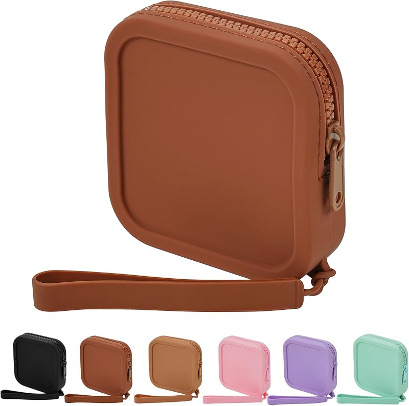Necessaire quadrada JOVAKIT de poliéster com zíper e alça, marrom
