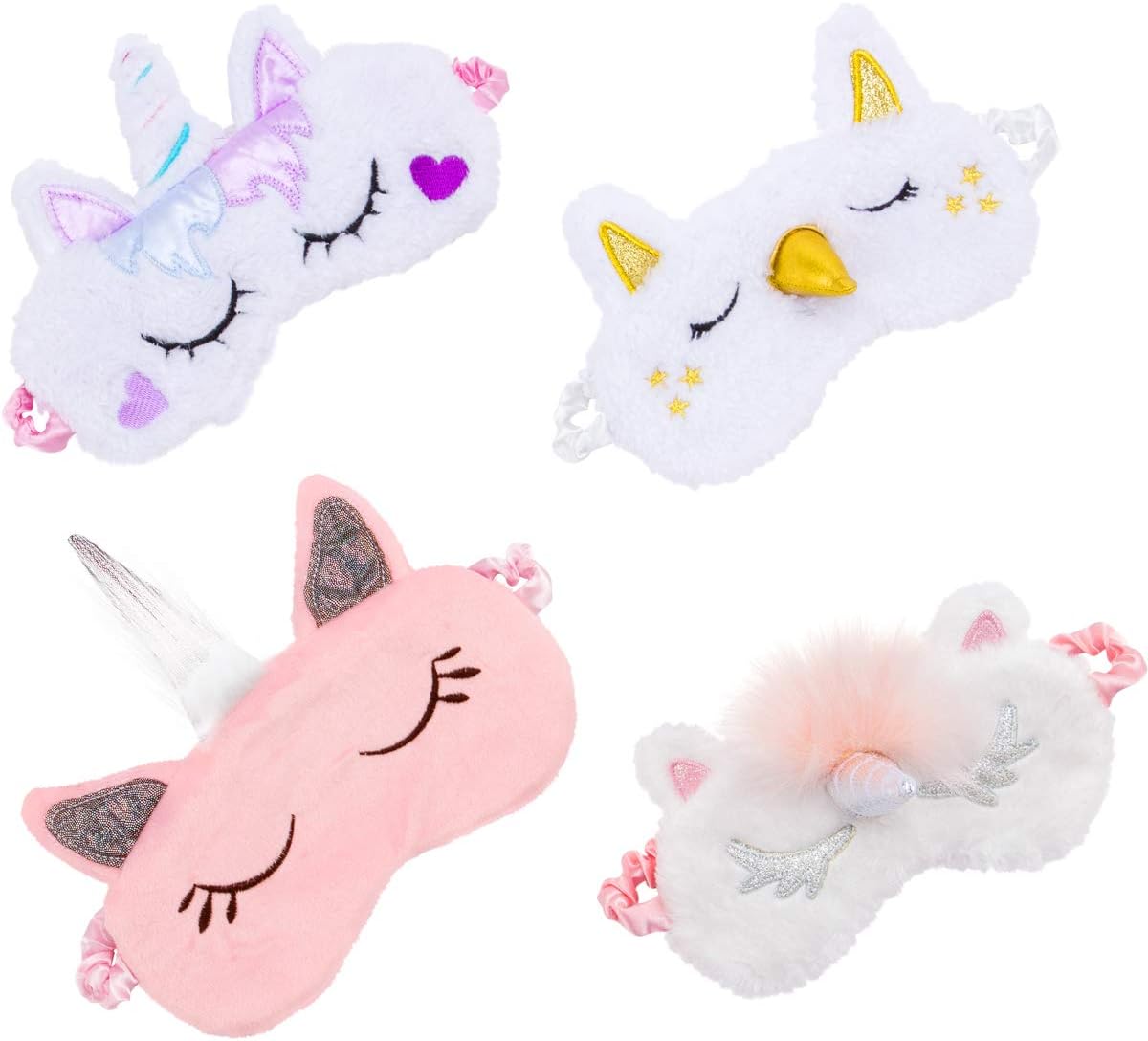 Biubee 4 Pack Soft Plush Unicorn Sleeping Mask- Cute Unicorn Horn Blindfold Eye Cover for Women Girls Kids Travel Nap Night Sleeping