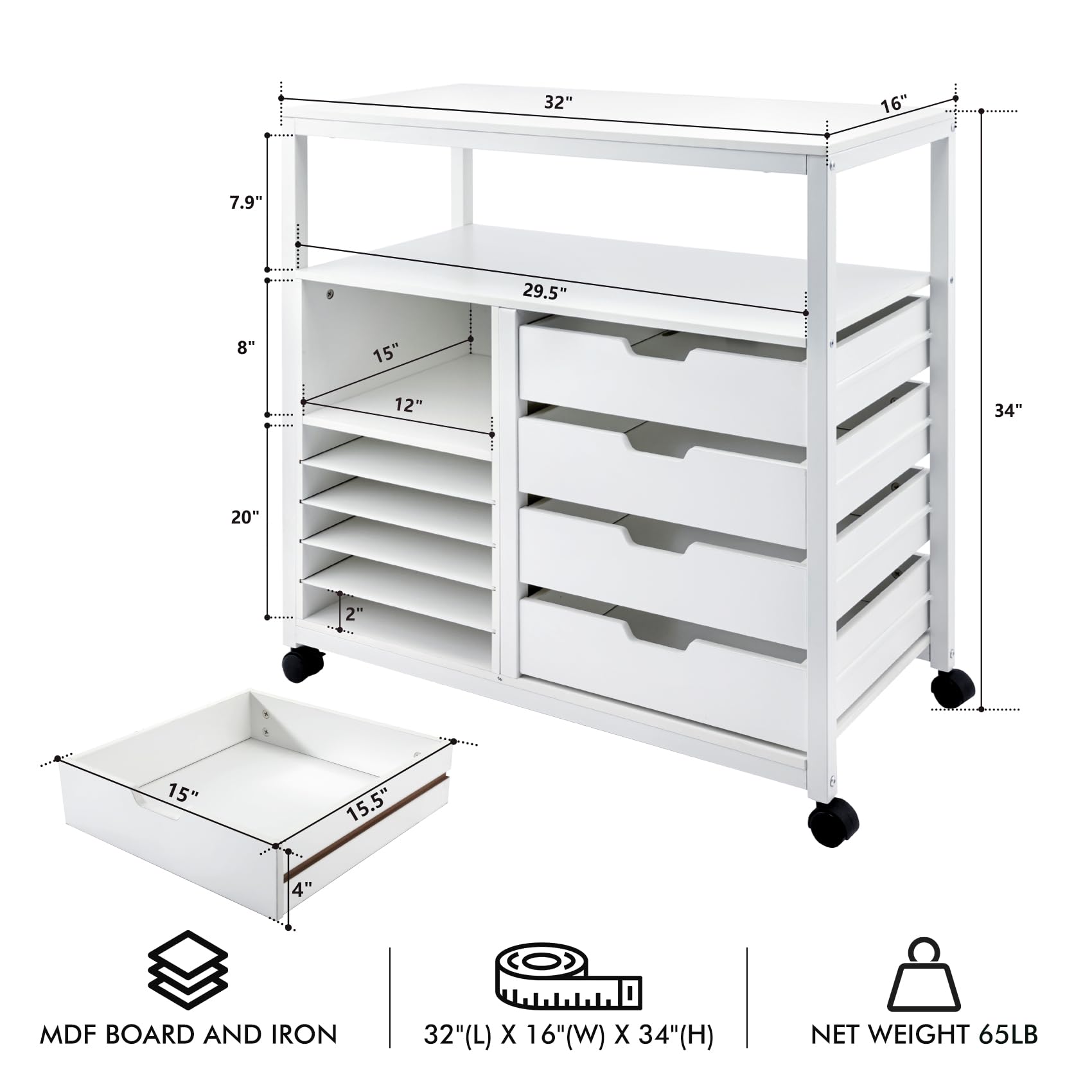 TC-HOMENY Craft Organizer Storage Cart, Rolling Cart Organizer, Vinyl Roll Holder and Cutting Machine Storage Cabinet, Craft Cart with Drawers for Craft Room Organizer 32"" W x 16"" D x 34"" H, White