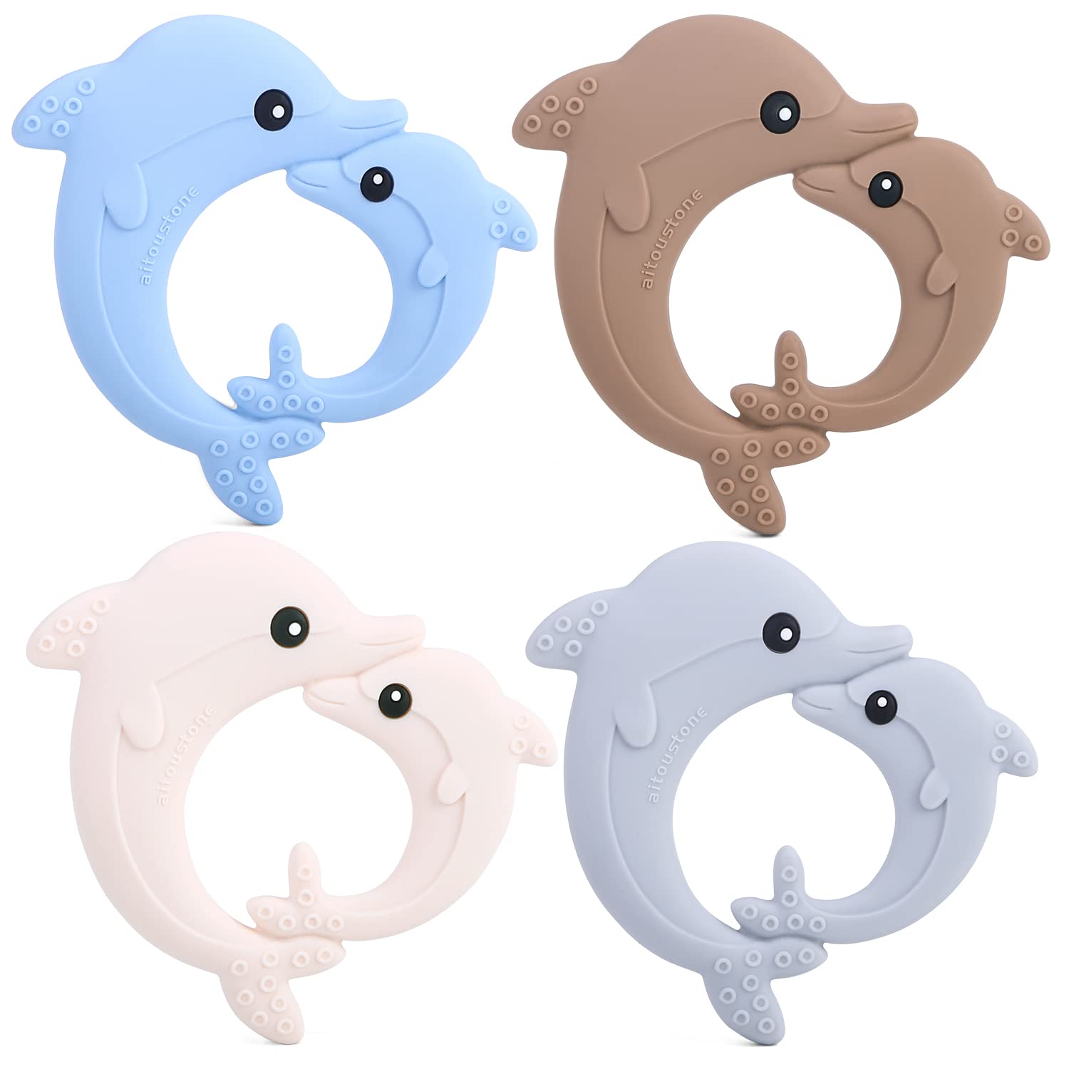 Soft Dolphin Teething Teether Toys for Babies 0-6 & 6-12 Months, 4 Pack Gift, BPA Free, Chewing Relief with Easy to Hold Handles