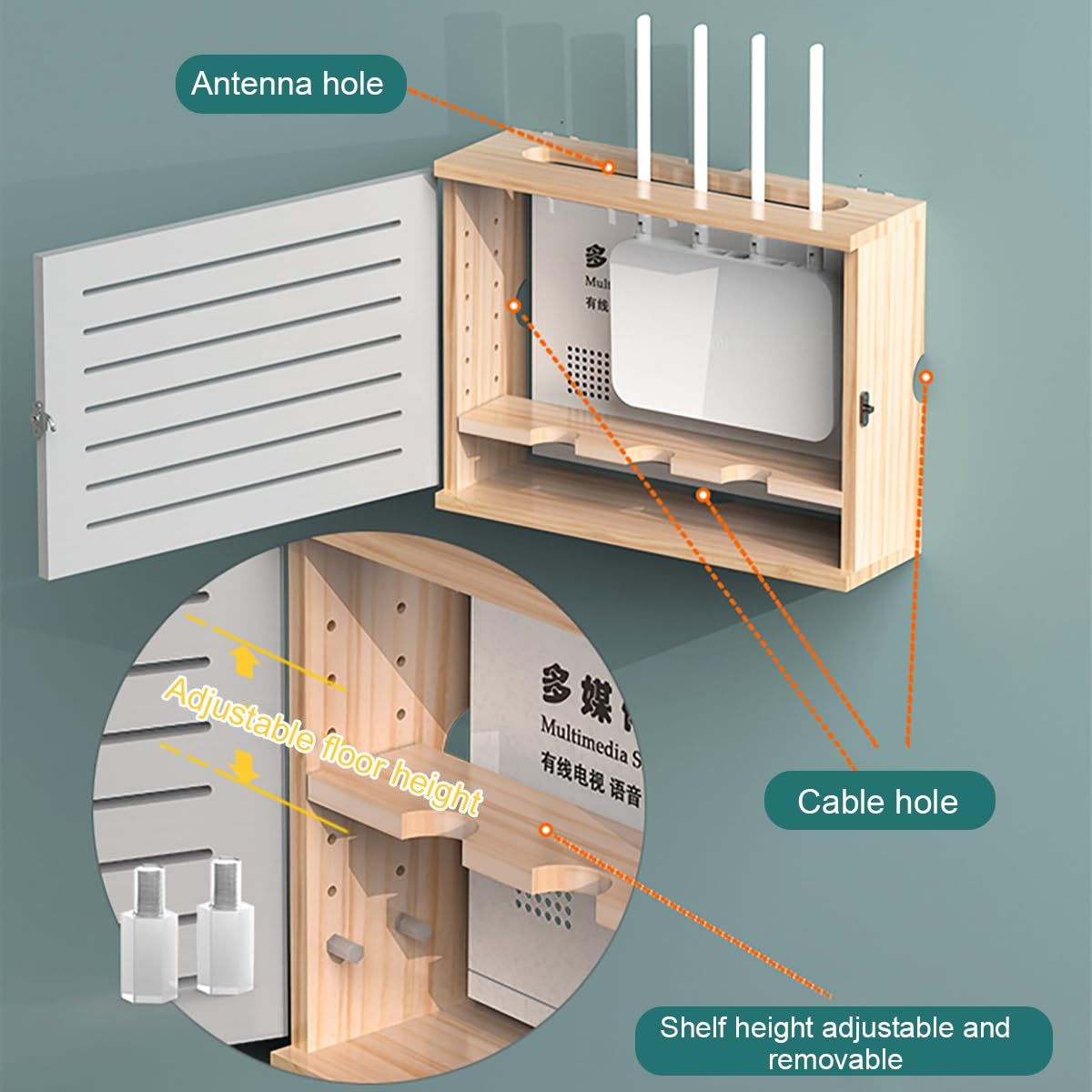 NoPunching Support mural pour routeur WiFi avec étagères pour bureau et maison Blanc/marron 47,4 cm