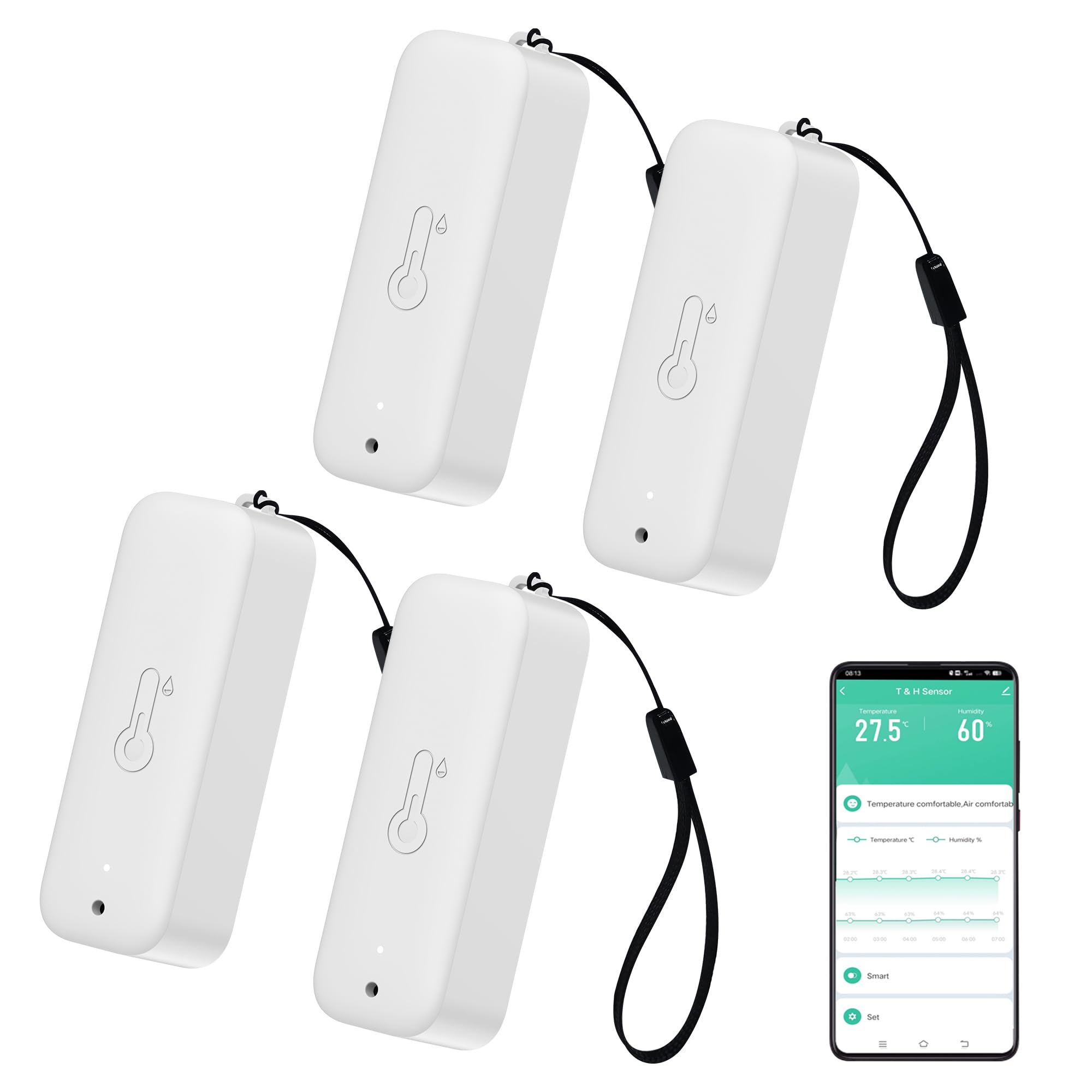 PHOVOLT WiFi-Hygrometer-Thermometer-Sensor – Kabelloser Temperatur- und Feuchtigkeitssensor für den Innen- und Außenbereich mit Remote-App-Benachrichtigung für Gewächshäuser und Häuser Weiß 4pack