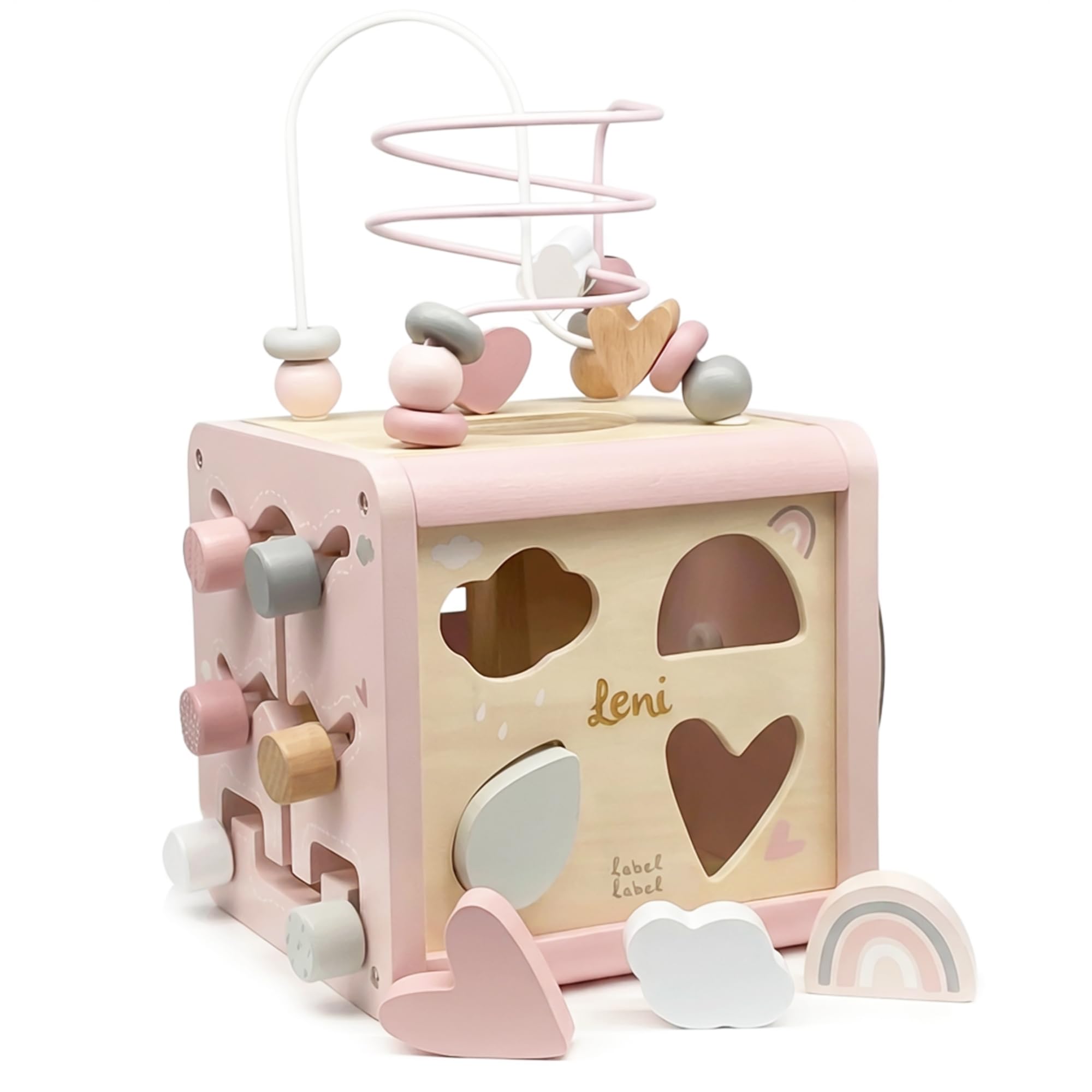 Personalizzabile cubo attività in Legno FSC Rosa – incastri & motricità fine Stile Montessori – per Bambini 18+ Mesi – Personalizzato con Nome – Label Label