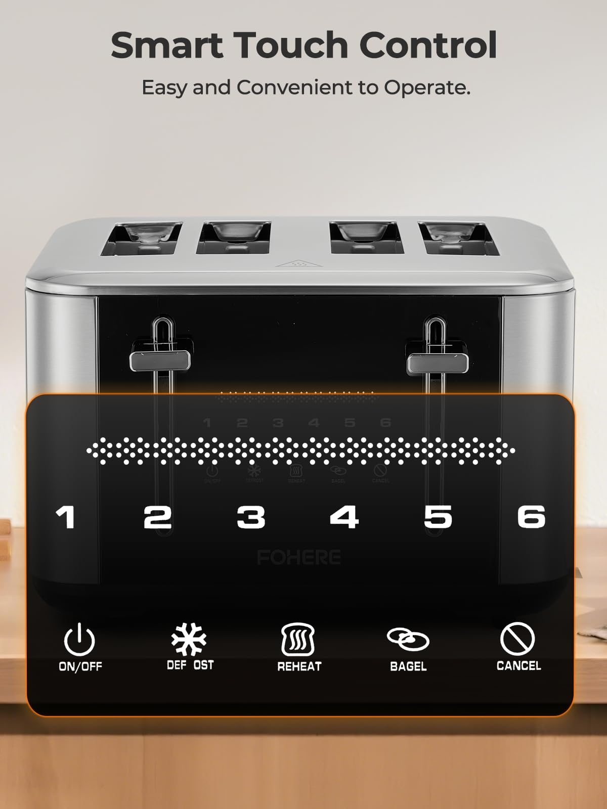 Toaster 4 Scheiben, 1600W Intelligente Edelstahl Toaster, 6 Farbeinstellungen, Voll Touchscreen Bedienung, Extra breiter 1.57 Zoll Schlitz, mit Digitaler Zeitschaltuhr, Krümelschublade, Silber