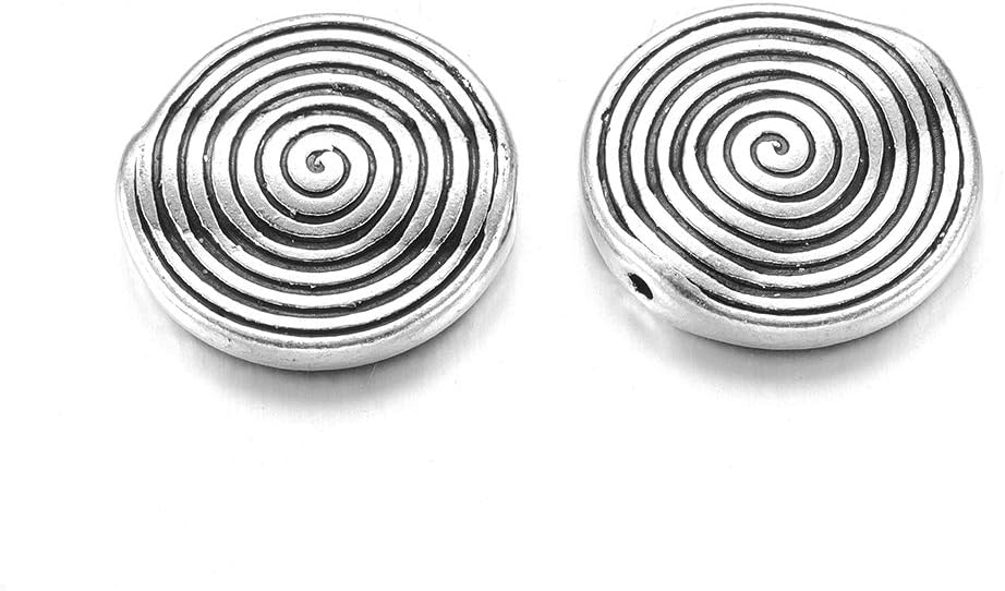 Kissitty 100-Piece Antique Silver Flat Round Spacer Beads 18mm Tibetan Spiral Pattern Edge Drilled Double Sided Metal Swirl Beads