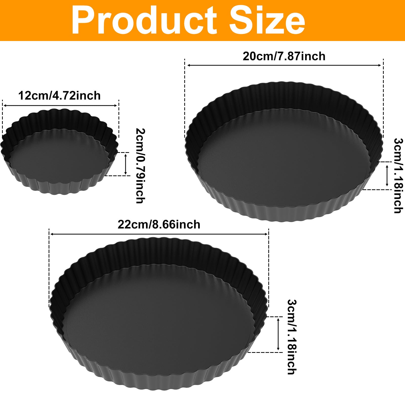 3Pcs Quiche Dish, Non-Stick Quiche Tins with Removable Bottom Easy to Release Pie Baking Trays Multipurpose Pizza Baking Tins Effortless to Clean Tart Pan for Cake Pizza Pie(black)