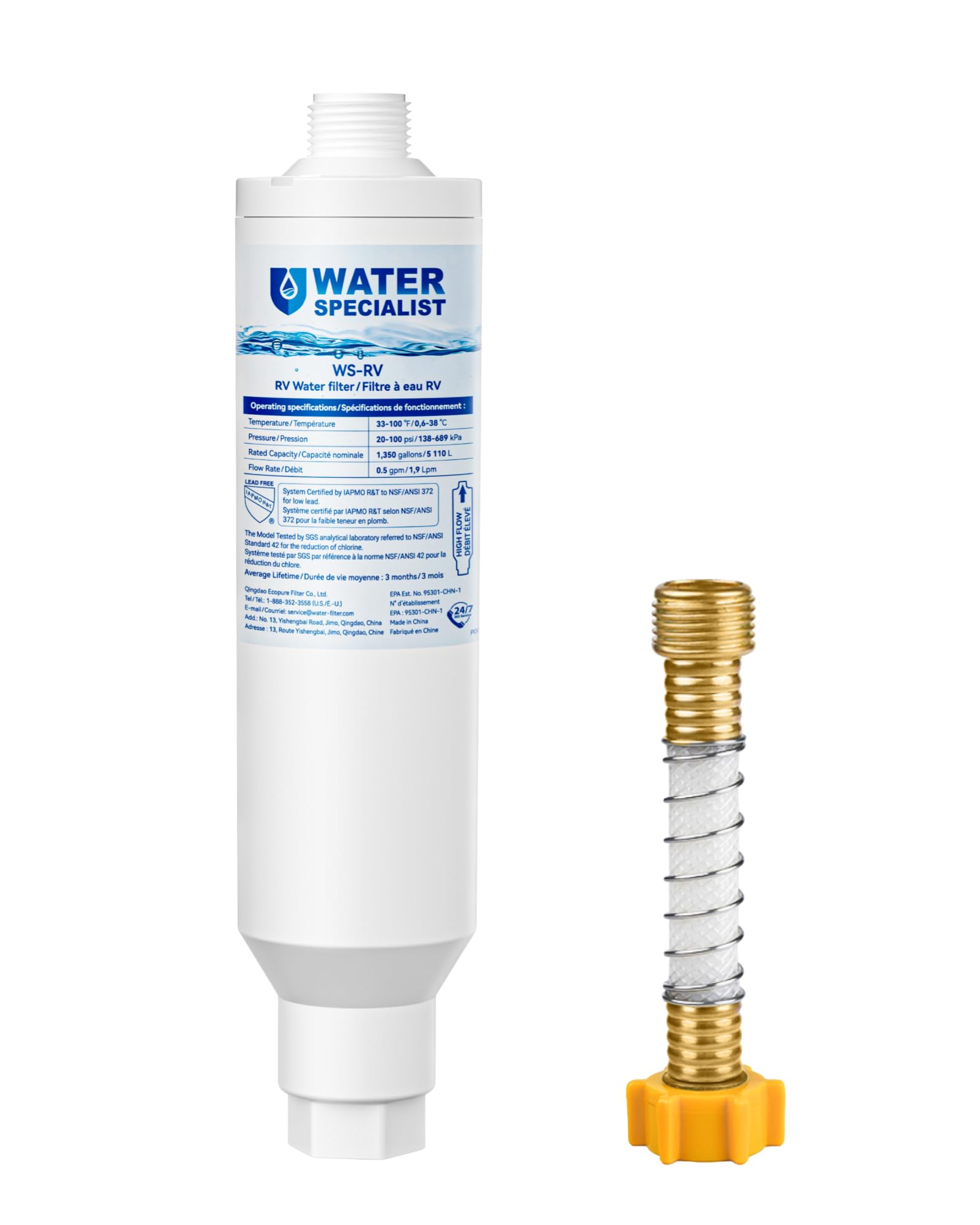 Waterspecialist Wasserfilter für Wohnmobile, NSF-zertifiziert, reduziert Blei, Fluorid, Chlor, schlechten Geschmack und Geruch, speziell für Wohnmobile, 1 Packung Wasserfilter mit Schlauchschutz