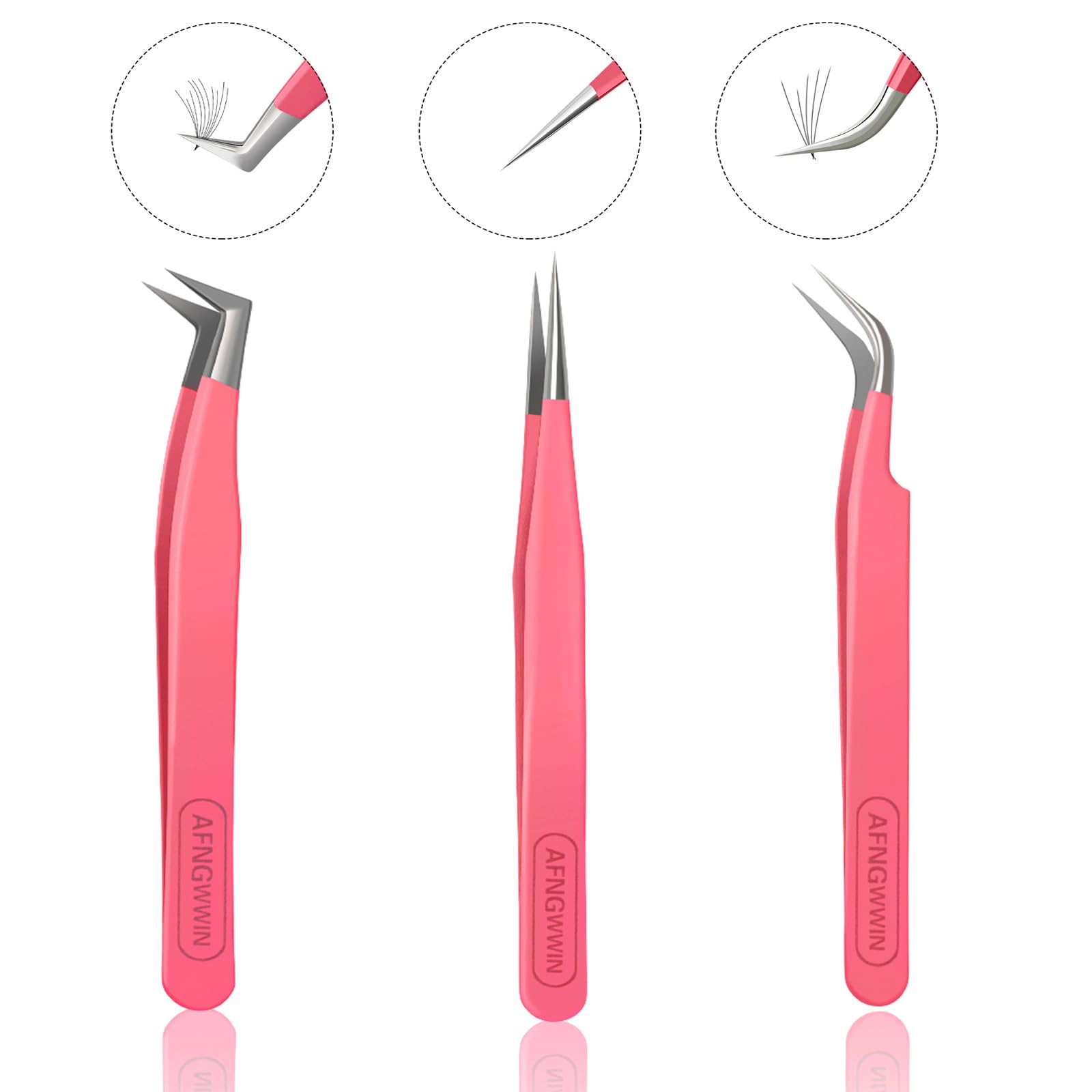 Pack of 3 Lash Tweezers for Eyelash Extensions,Professional Stainless Steel Tweezers For Eyelash Extension | Straight and Curved Tip Eyelash Tweezers (Deep Pink)