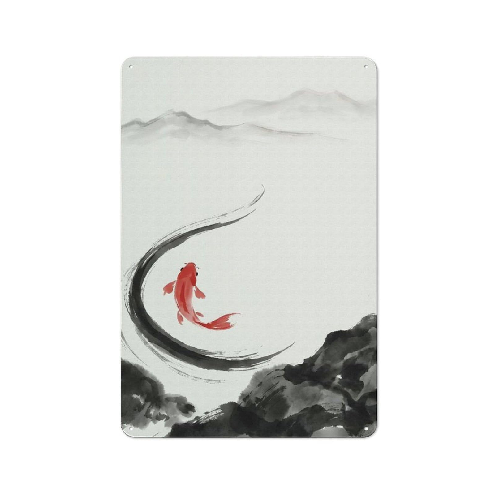Tin Wall Plaque 30x20cm with Red Fish in Ink Landscape for Home Office Or Studio, New Home Wall Decor for Home Office Decor Fans