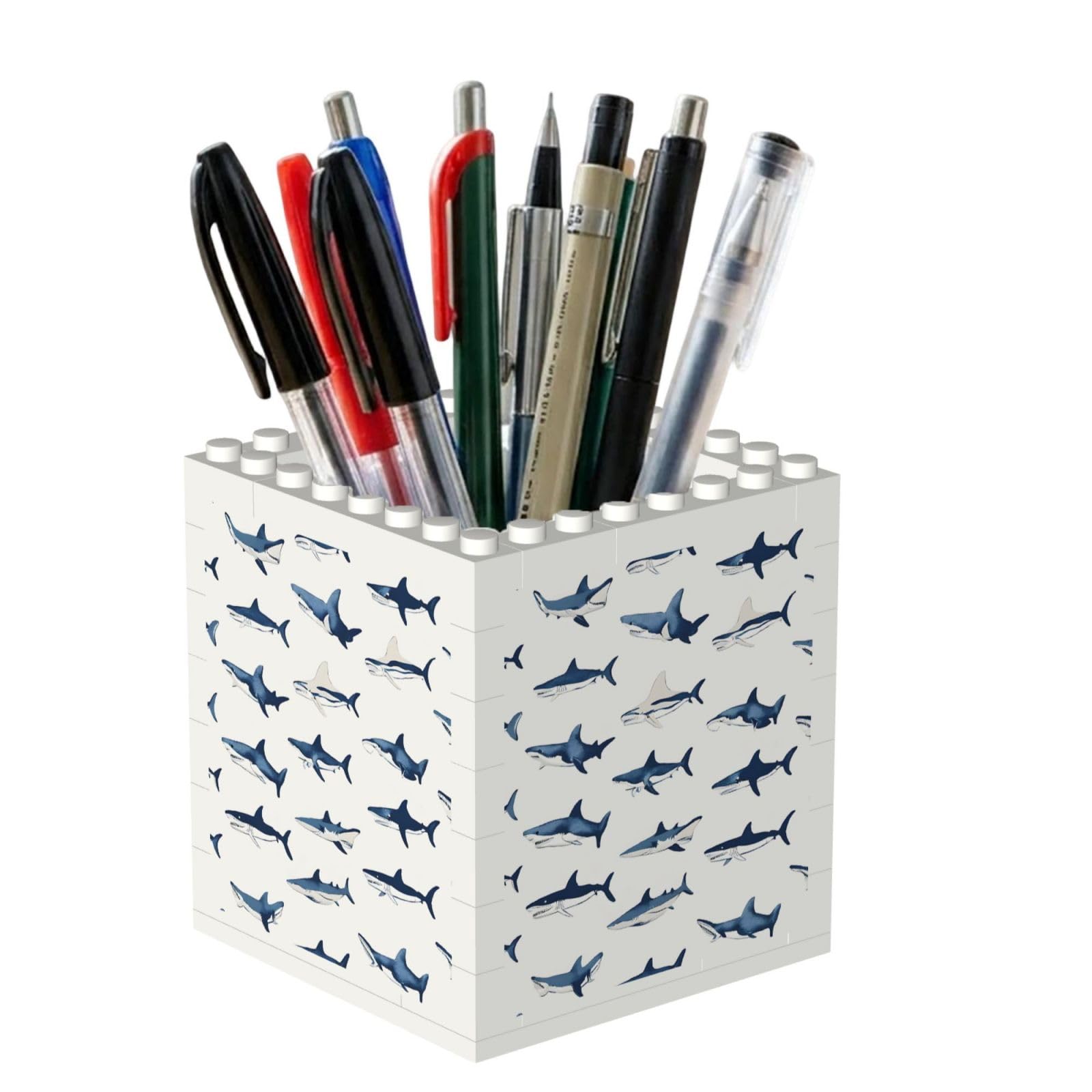 ESNAIUVCD Sharks Print Building Block Pen Holder - Pencil Holder For Desk/Classroom,Desk Accessories, Multifunctional Office Supplies Pen Organizer Pencil Cups(2pcs)