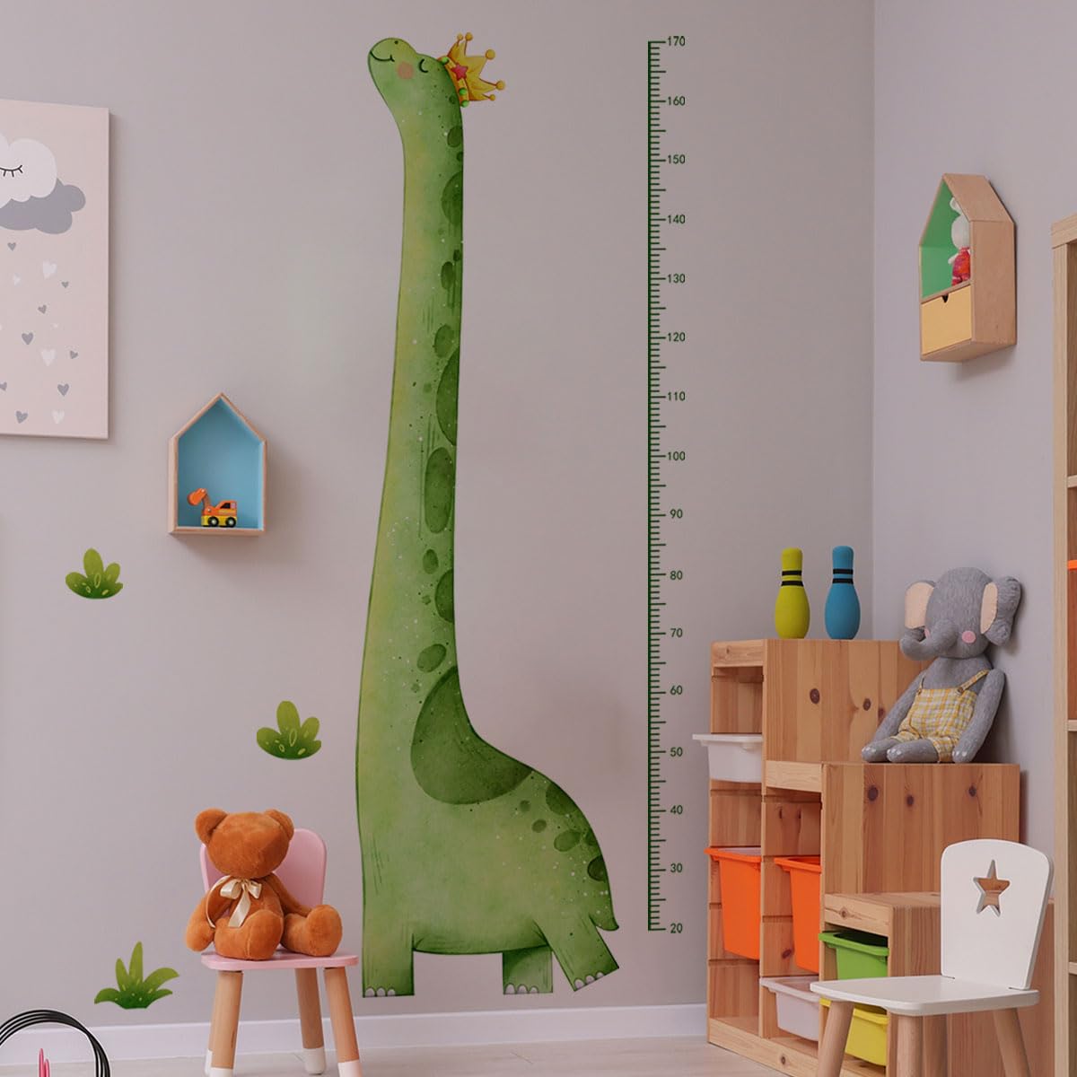 Calcomanía de pared con gráfico de crecimiento para niños, calcomanías de pared de dinosaurios verdes, tabla de altura extraíble para habitación de guardería (dinosaurio verde)