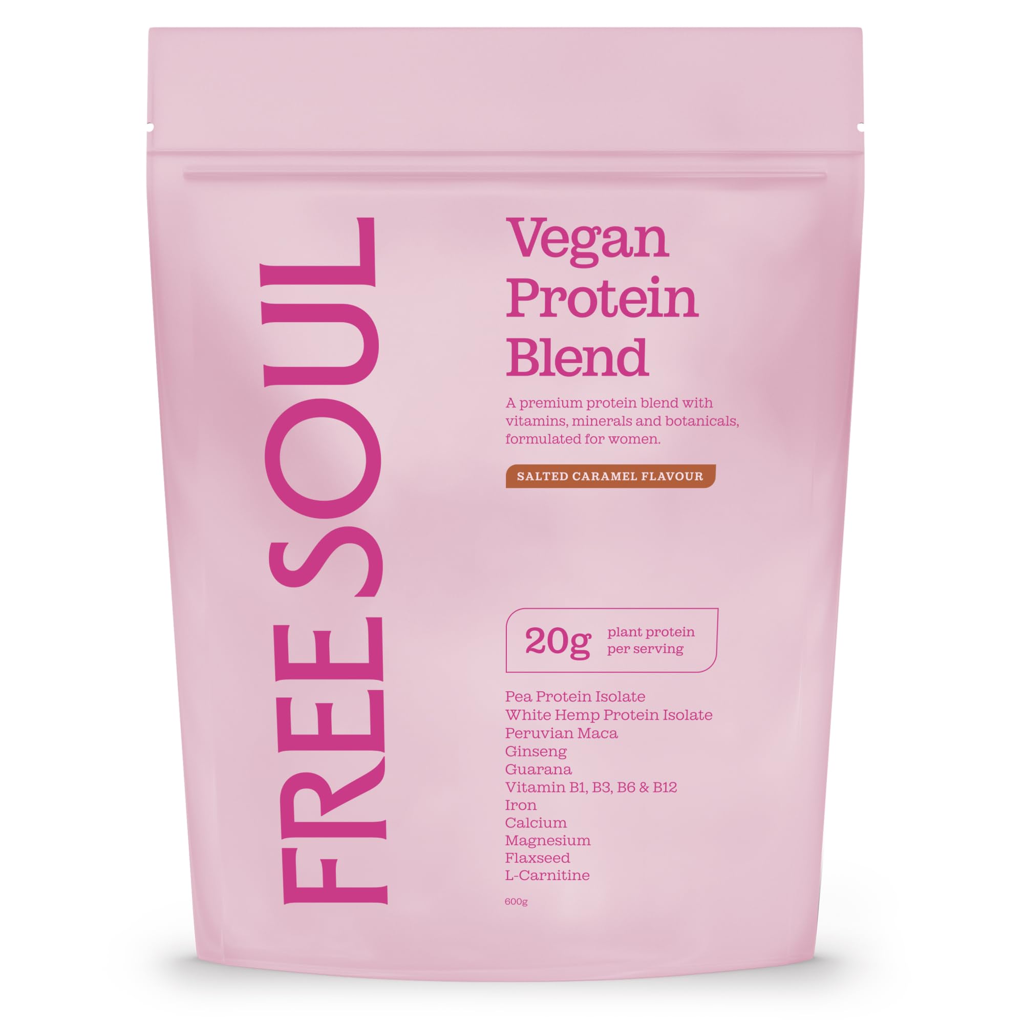 Free Soul Vegan Protein Powder | Formulated for Women | 600g | 20g Protein with Added Nutrients | Gluten & Soy Free Plant-Based Nutrition Shake | Pea & Hemp Isolate Protein | Salted Caramel Flavour