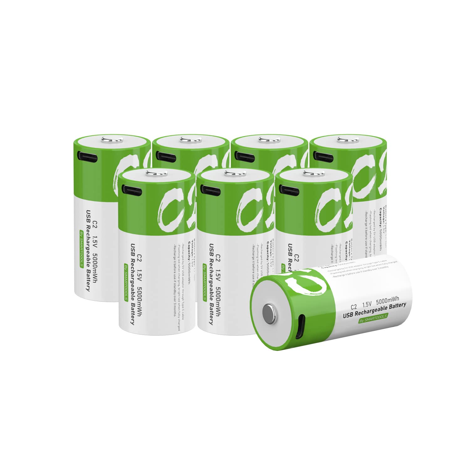 CPZZ C Battery 1.5V C Lithium ion Rechargeable Battery High Capacity USB Type-C Port 5000mWh Rechargeable C2 Battery (8pack-0512)